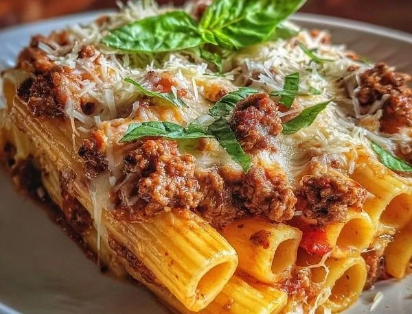 Baked rigatoni with beef ragu and mozzarella cheese in a casserole dish