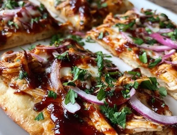 Delicious BBQ chicken flatbread topped with fresh ingredients
