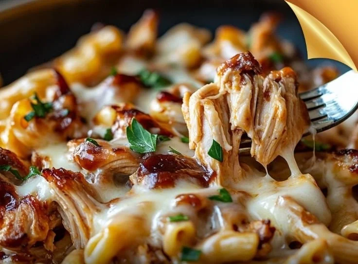 BBQ Chicken Mac and Cheese dish topped with crispy bacon and herbs