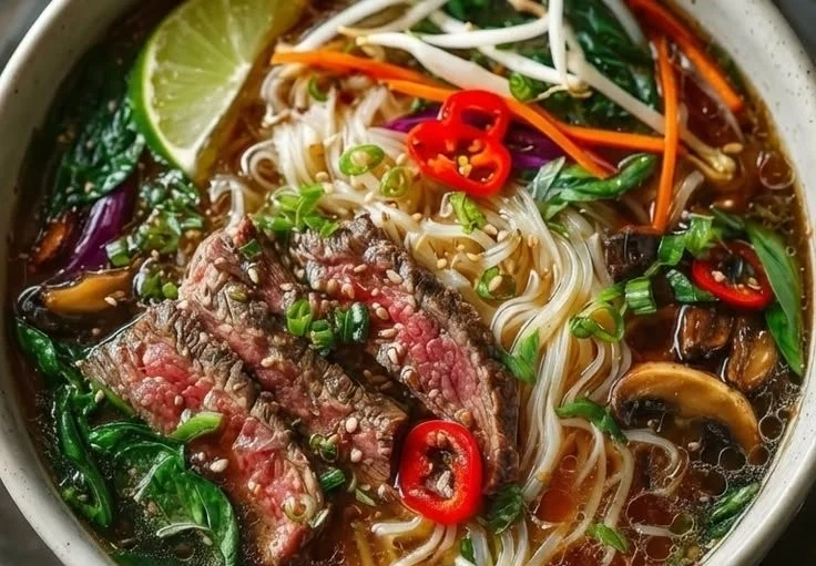 Beef bowls garnished with fresh herbs and pho-inspired ingredients
