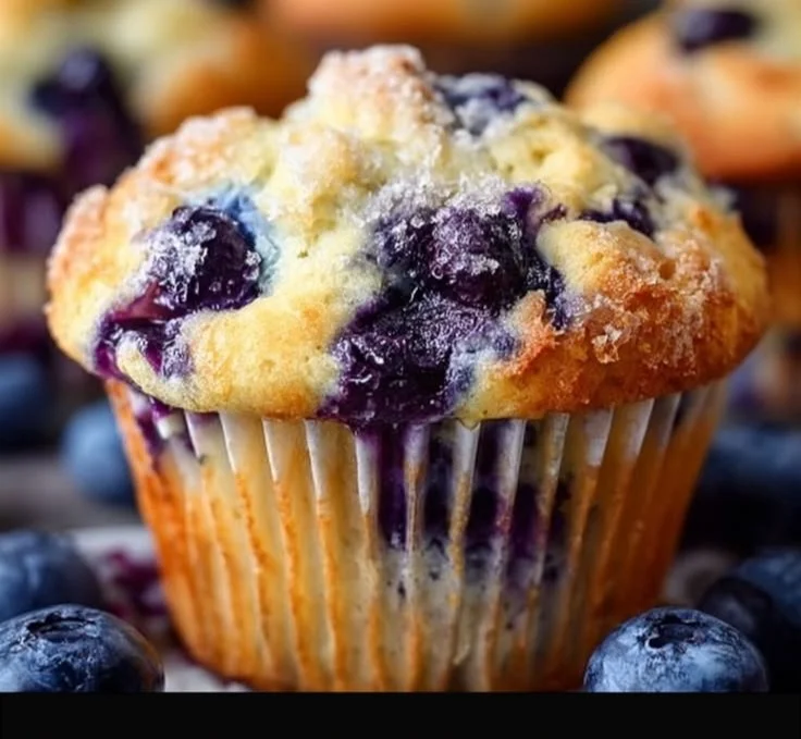Freshly baked blueberry muffins with a golden crust and juicy berries