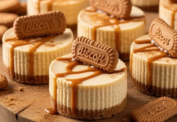 Delicious Biscoff Cheesecake topped with cookie crumbles.