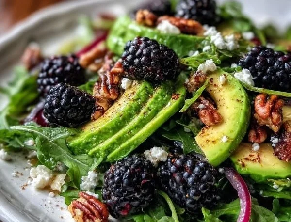 Fresh Blackberry Avocado and Arugula Salad with vibrant colors and textures