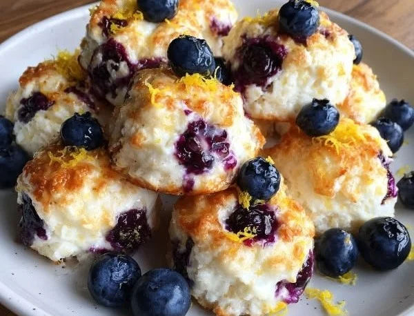 Blueberry and lemon zest cottage cheese bites on a white plate