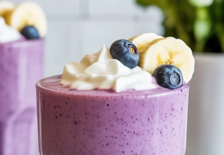 Blueberry banana oat smoothie in a glass with fresh fruit on the side