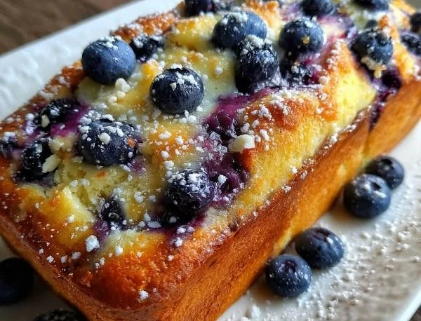 Loaf of freshly baked Blueberry Cream Cheese Bread with blueberries on top