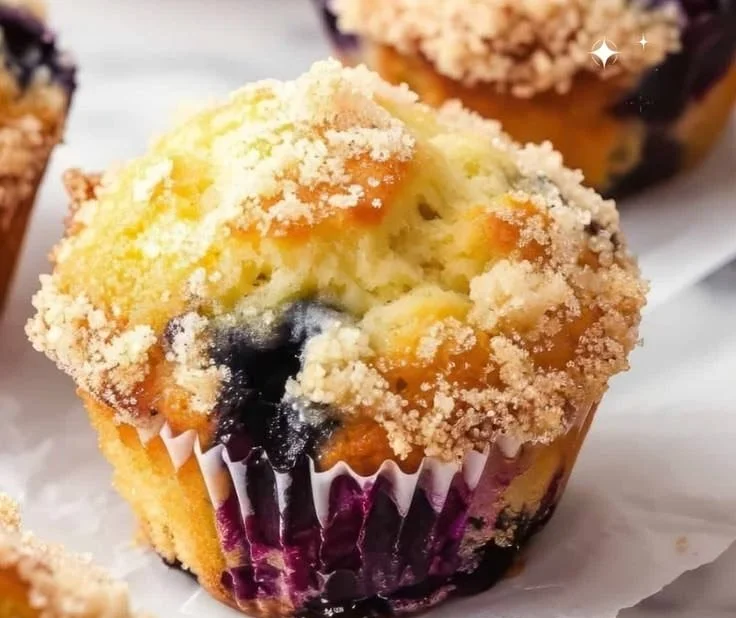 Freshly baked blueberry muffins on a wooden table