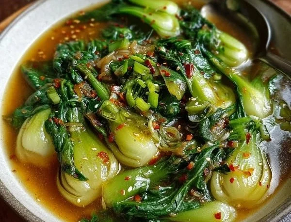 Bok Choy Soup with Garlic and Ginger in a bowl garnished with herbs