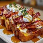 Delicious Bourbon Maple Bacon French Toast topped with syrup and crispy bacon