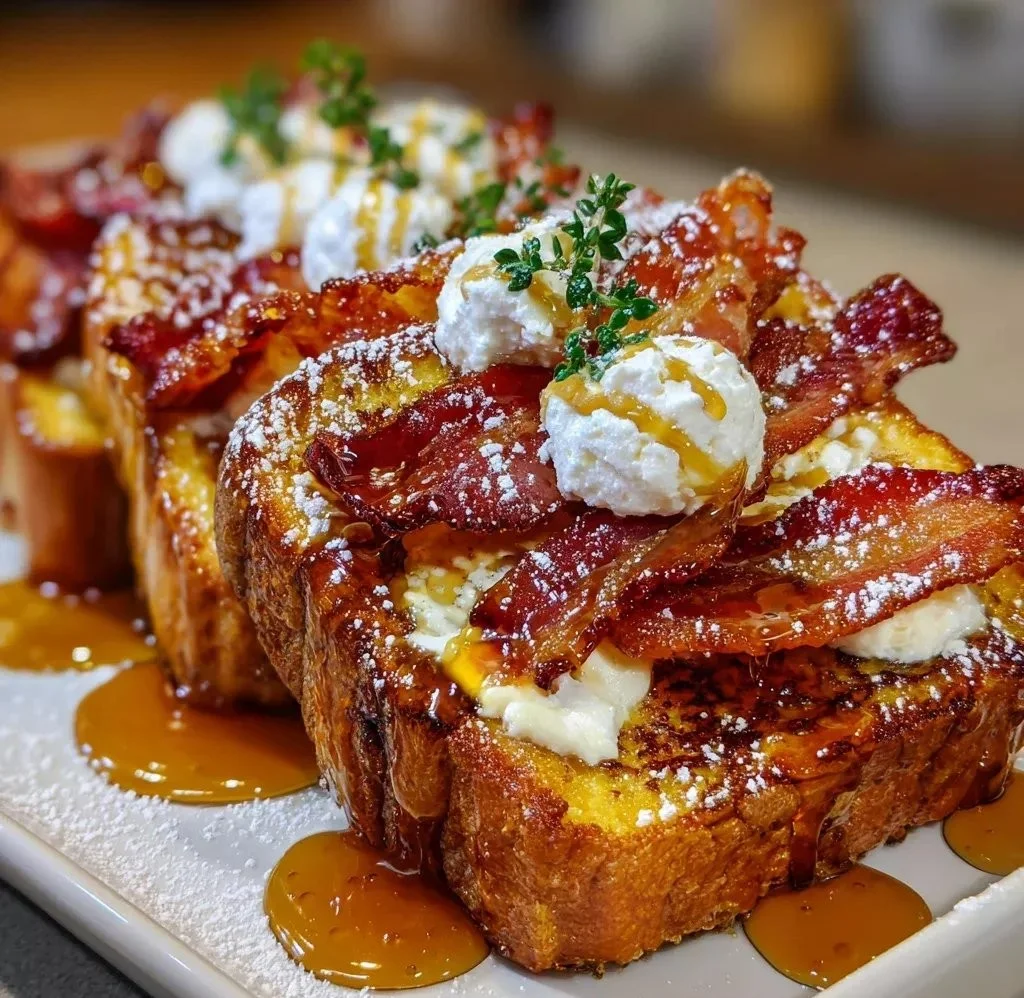 Delicious Bourbon Maple Bacon French Toast topped with syrup and crispy bacon