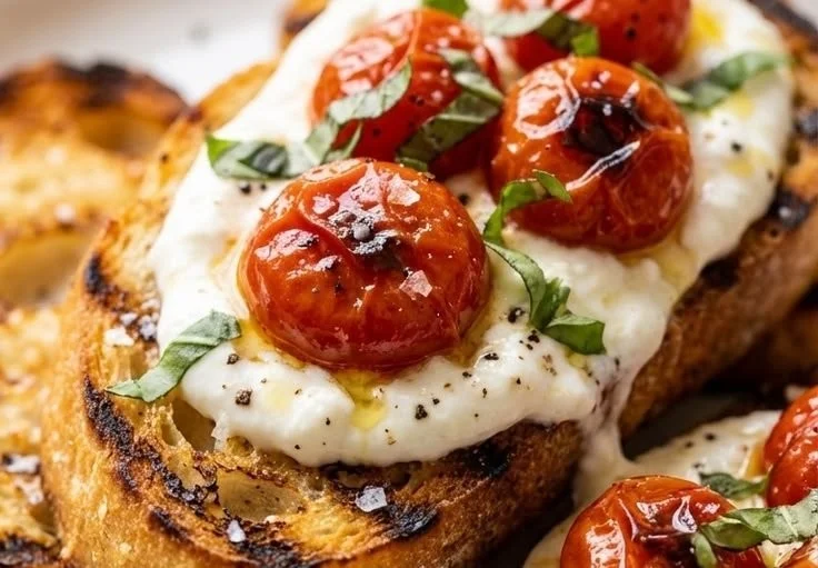 Delicious Burrata Crostini topped with fresh herbs and tomatoes