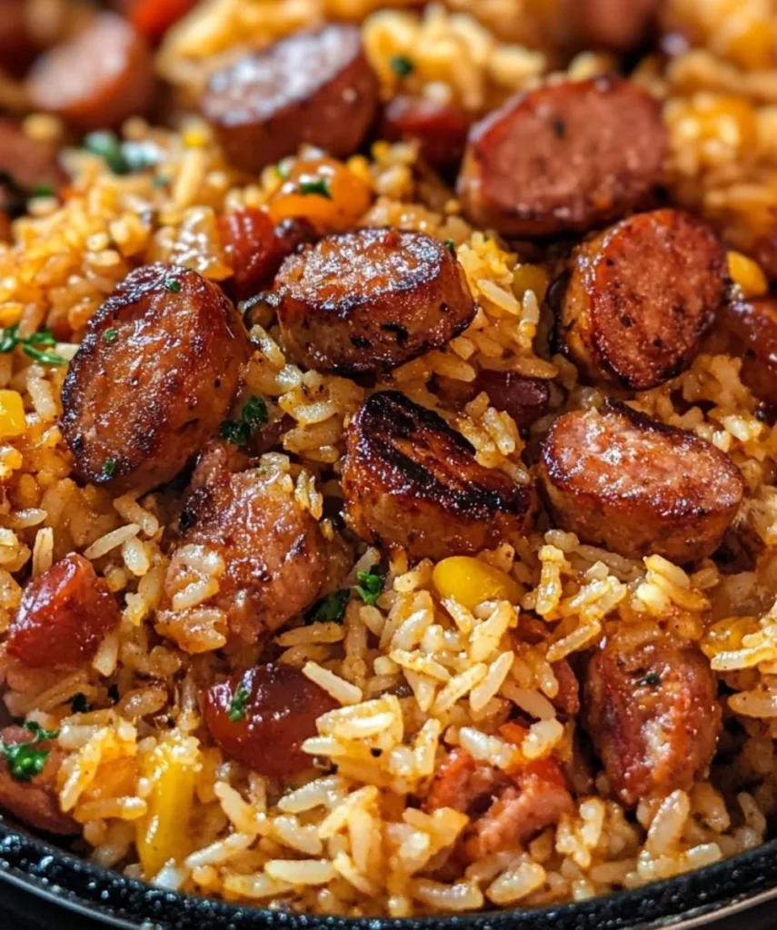 Cajun sausage and rice skillet garnished with herbs in a frying pan