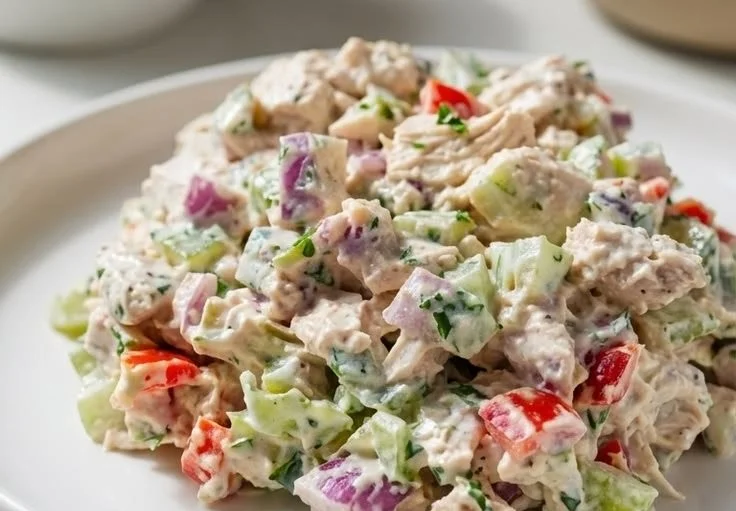 Delicious canned chicken salad in a bowl, ready to serve.