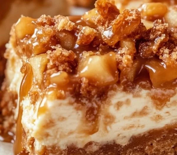 Delicious caramel apple cheesecake bars ready to be served