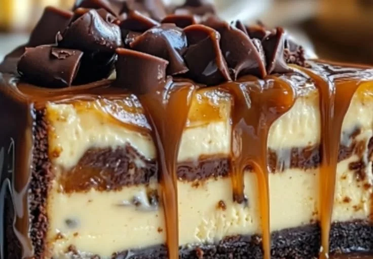 Delicious caramel brownie cheesecake slice on a plate