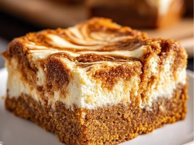 Delicious Carrot Cake Cheesecake Swirl Bars topped with cream cheese frosting