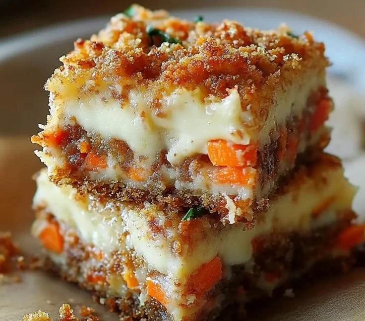 Delicious carrot cake cream cheese bars with frosting on top