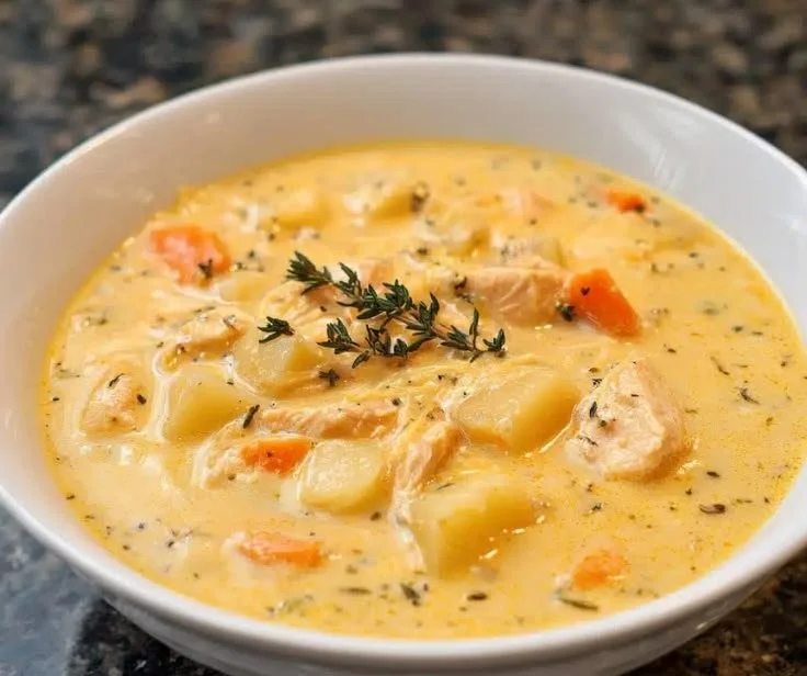 Bowl of cheesy chicken potato chowder garnished with herbs