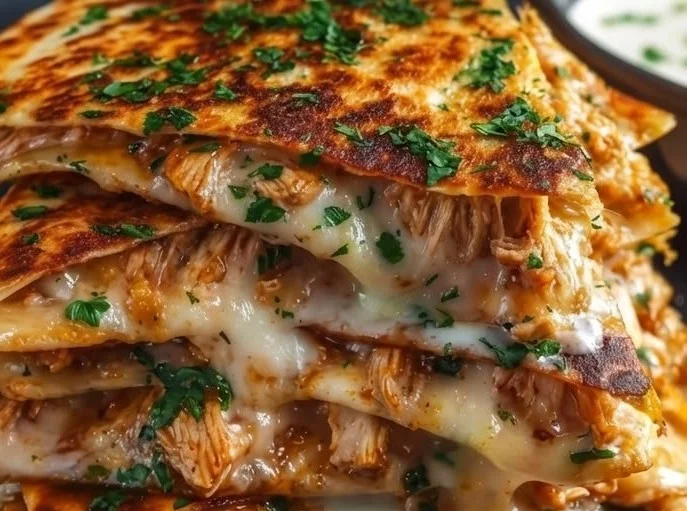 Cheesy hot honey chicken quesadillas served on a plate with fresh toppings