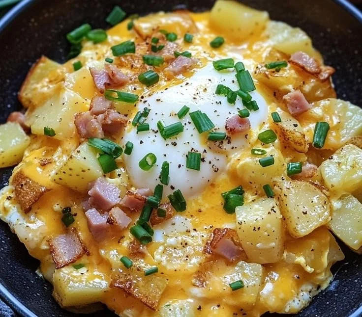 Plated cheesy potato egg scramble with herbs and cheese topping