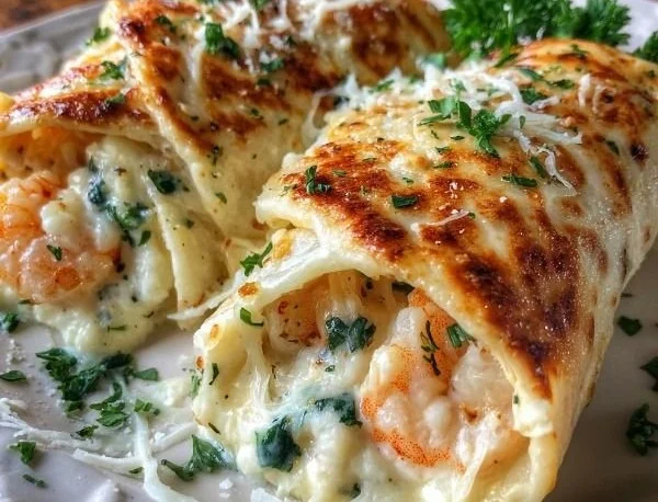 Cheesy shrimp alfredo roll-ups plated with herbs and sauce