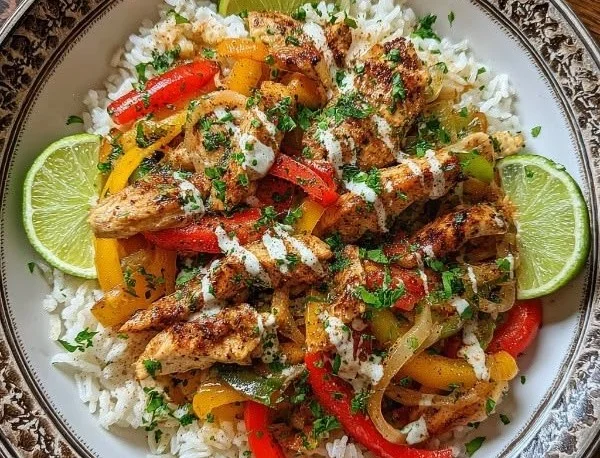 Delicious Chicken Fajita Rice Bowl with colorful vegetables and spices