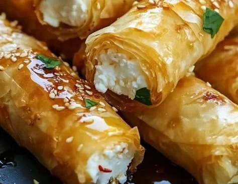 Oven-fried Chili-Honey Feta Rolls served on a plate.