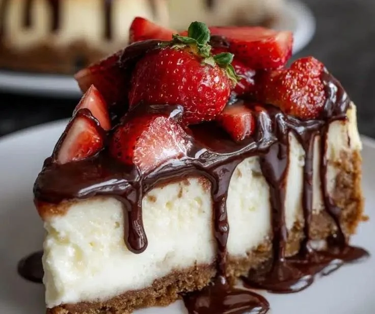 Delicious chocolate-covered strawberry cheesecake with fresh strawberries