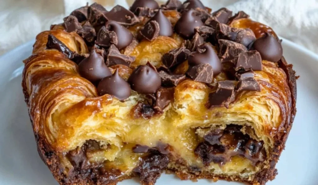 Chocolate croissant breakfast bake topped with melted chocolate and fresh berries