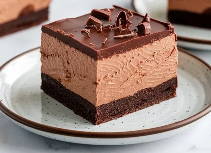 Delicious chocolate mousse brownies topped with creamy mousse and chocolate shavings.