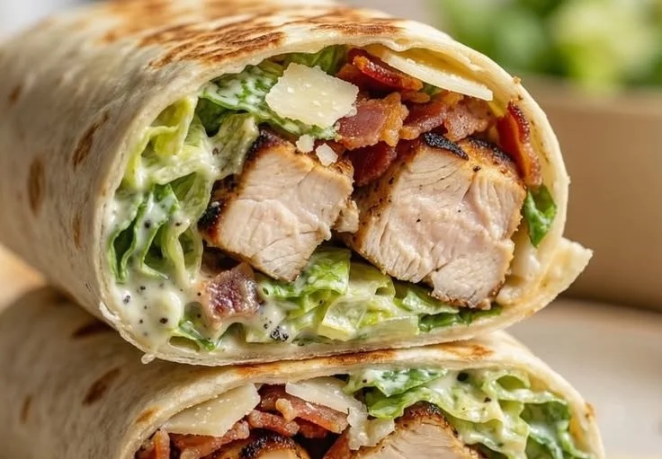 Chopped Chicken Caesar Salad Wrap served on a plate with fresh ingredients