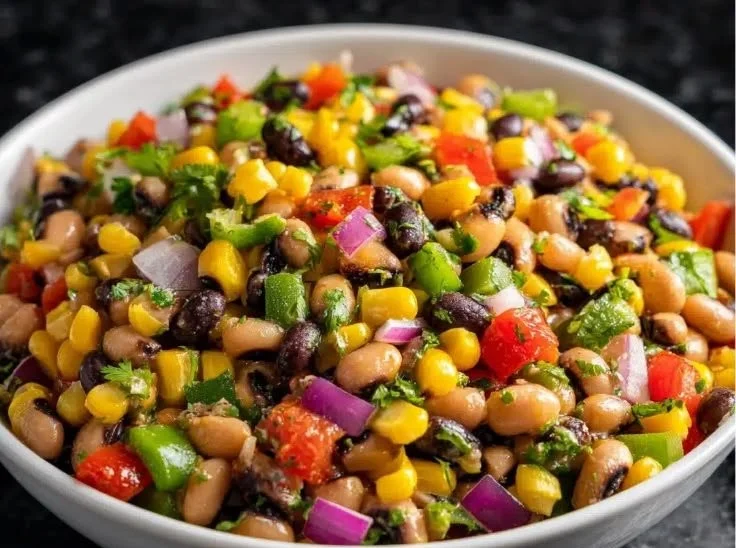 Classic cowboy caviar dip served in a bowl with colorful ingredients