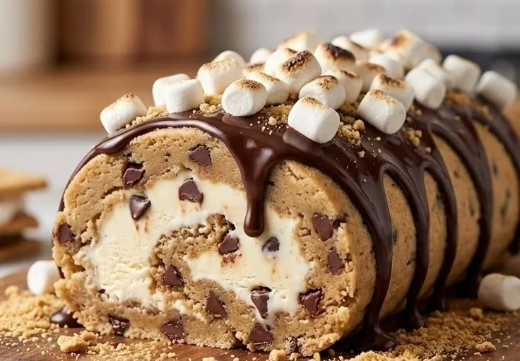 Delicious cookie dough ice cream roll with chunks of cookie dough