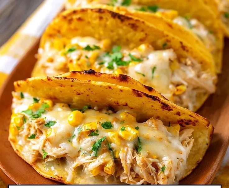 Delicious corn tortilla tacos filled with white chicken chili