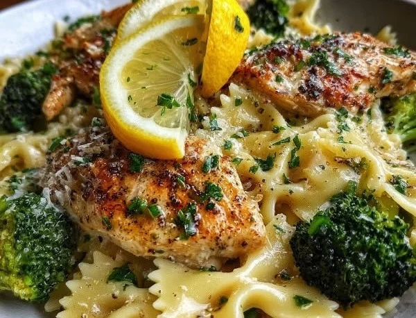 Delicious Cowboy Butter Lemon Bowtie Chicken with Broccoli on a plate