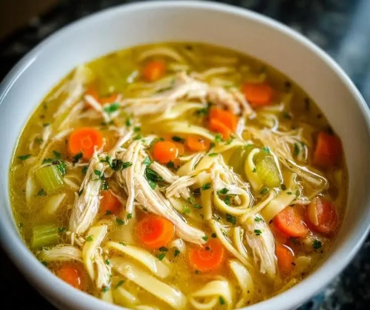 Bowl of homemade chicken noodle soup, warm and comforting dish