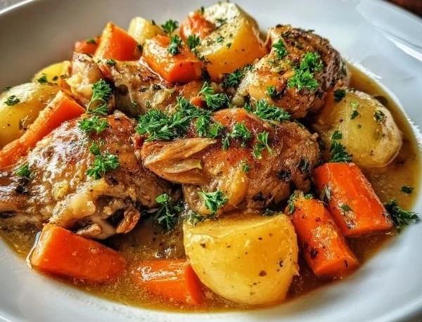 Cozy slow cooker chicken stew with vegetables and herbs