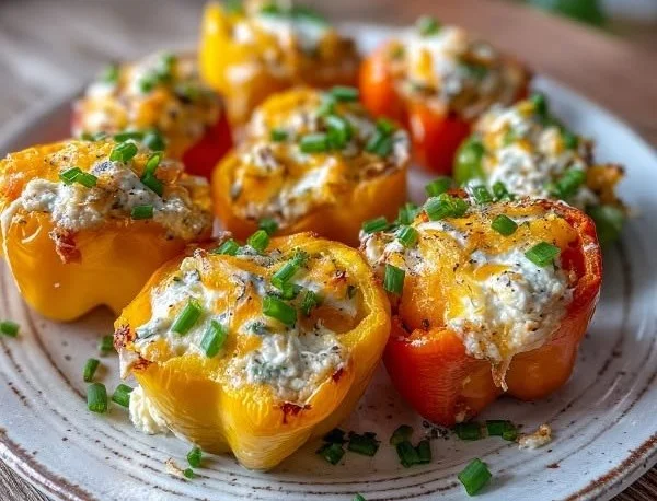 Plate of cream cheese stuffed mini peppers ready to be served