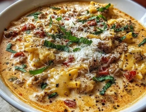 Bowl of creamy Alfredo lasagna soup garnished with herbs and cheese