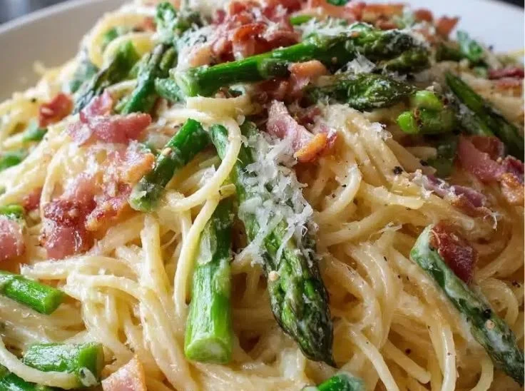 Creamy asparagus carbonara dish garnished and served in a bowl