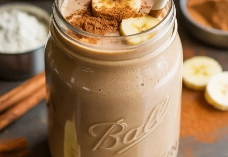 Creamy banana-chai protein shake in a glass with a sprinkle of chai spice.