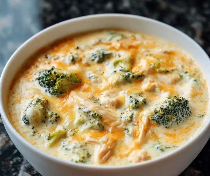 Bowl of creamy broccoli cheddar chicken soup prepared in 30 minutes