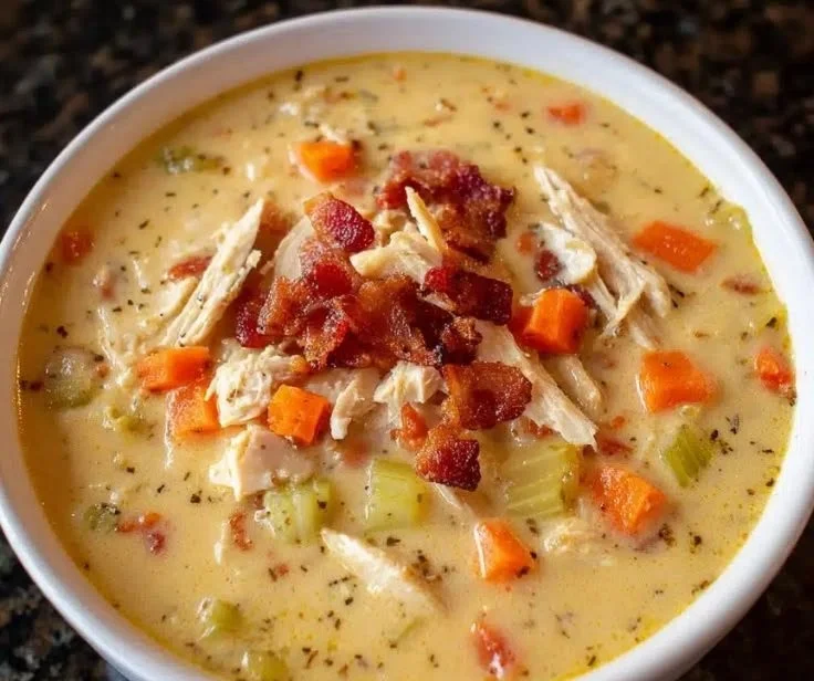 Bowl of creamy chicken bacon chowder topped with fresh herbs