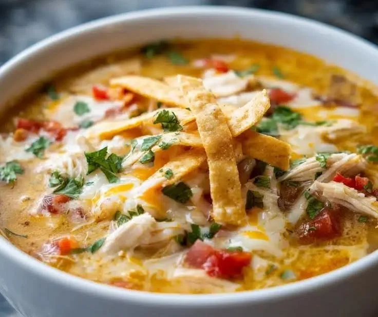 Creamy chicken tortilla soup bowl topped with tortilla strips and fresh ingredients