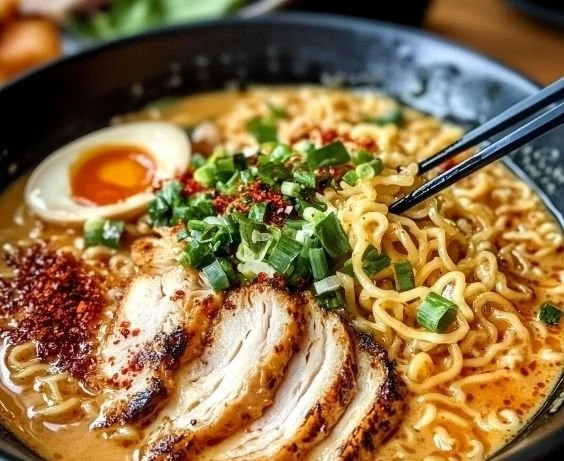 Bowl of creamy garlic chicken ramen topped with green onions and sesame seeds