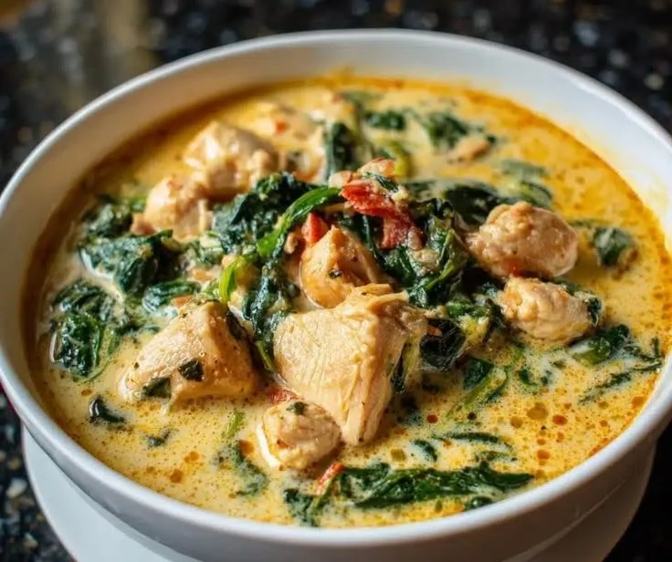 Creamy garlic spinach chicken chowder served in a bowl
