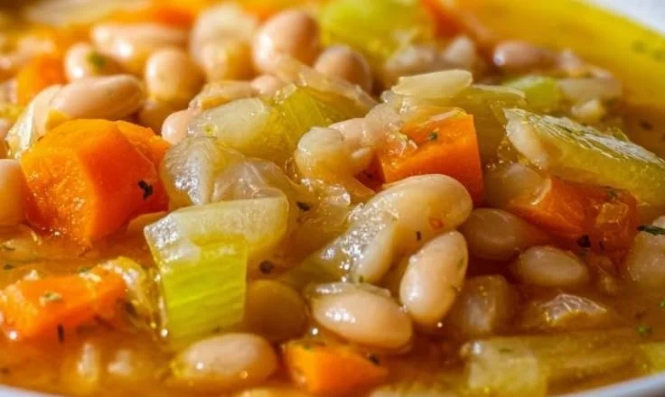 Creamy Greek White Bean Soup Fasolada topped with fresh herbs in a bowl.