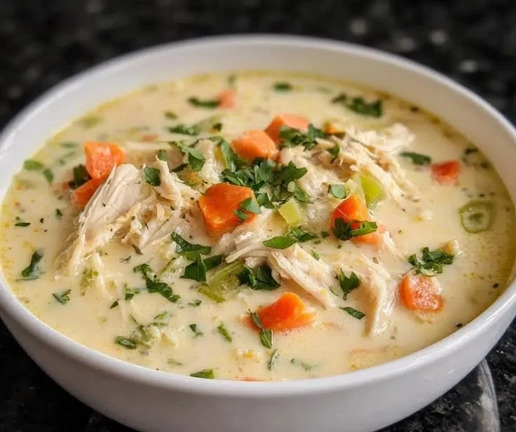 Bowl of creamy herb chicken chowder ready to eat in 30 minutes.