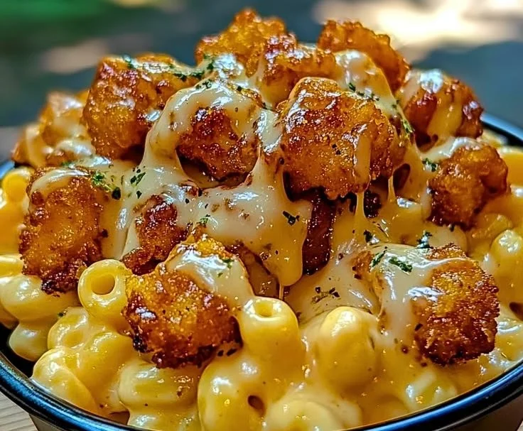 Creamy Honey Pepper Chicken Mac and Cheese dish served in a bowl