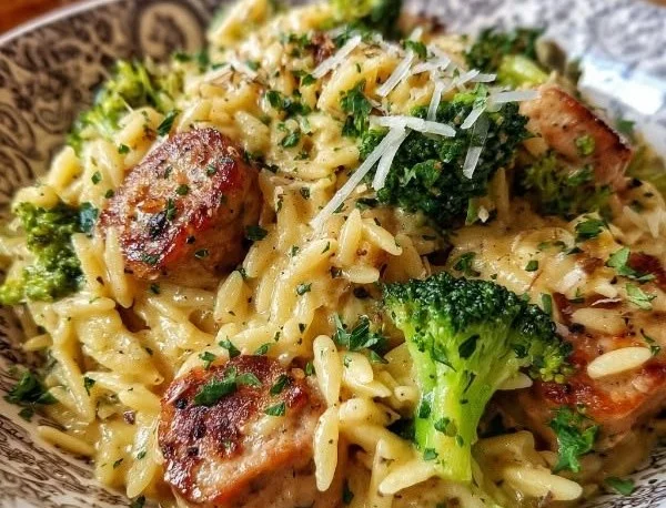 Creamy one-pot chicken sausage and broccoli orzo dish in a bowl